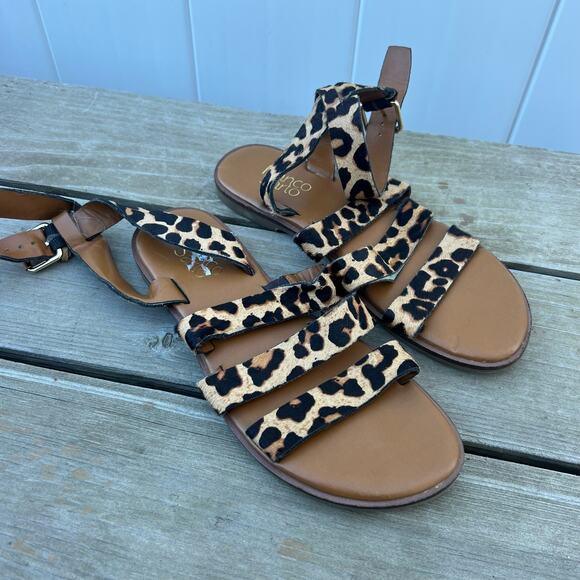 Franco Sarto Kyson Calf Hair Cheetah Strappy Ankle Sandals 7.5M - Picture 1 of 7